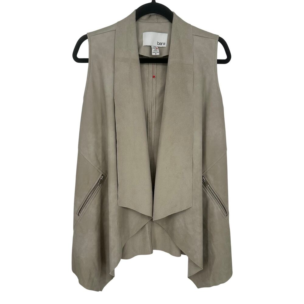 Bar III Cream Faux Leather/Suede Long Open Front Vest Zippers Workwear Office M